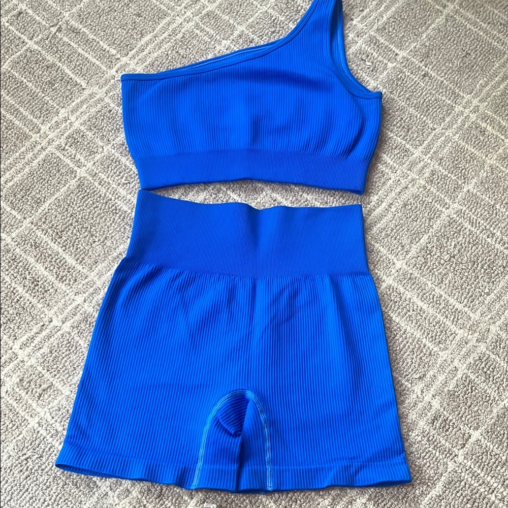 Blue One-Shoulder Ribbed Activewear Set